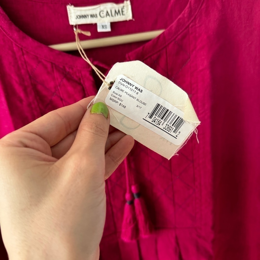 Johnny Was Calme Pink XS Pink 3/4 Tassel Embroidered Blouse - Picture 7 of 14